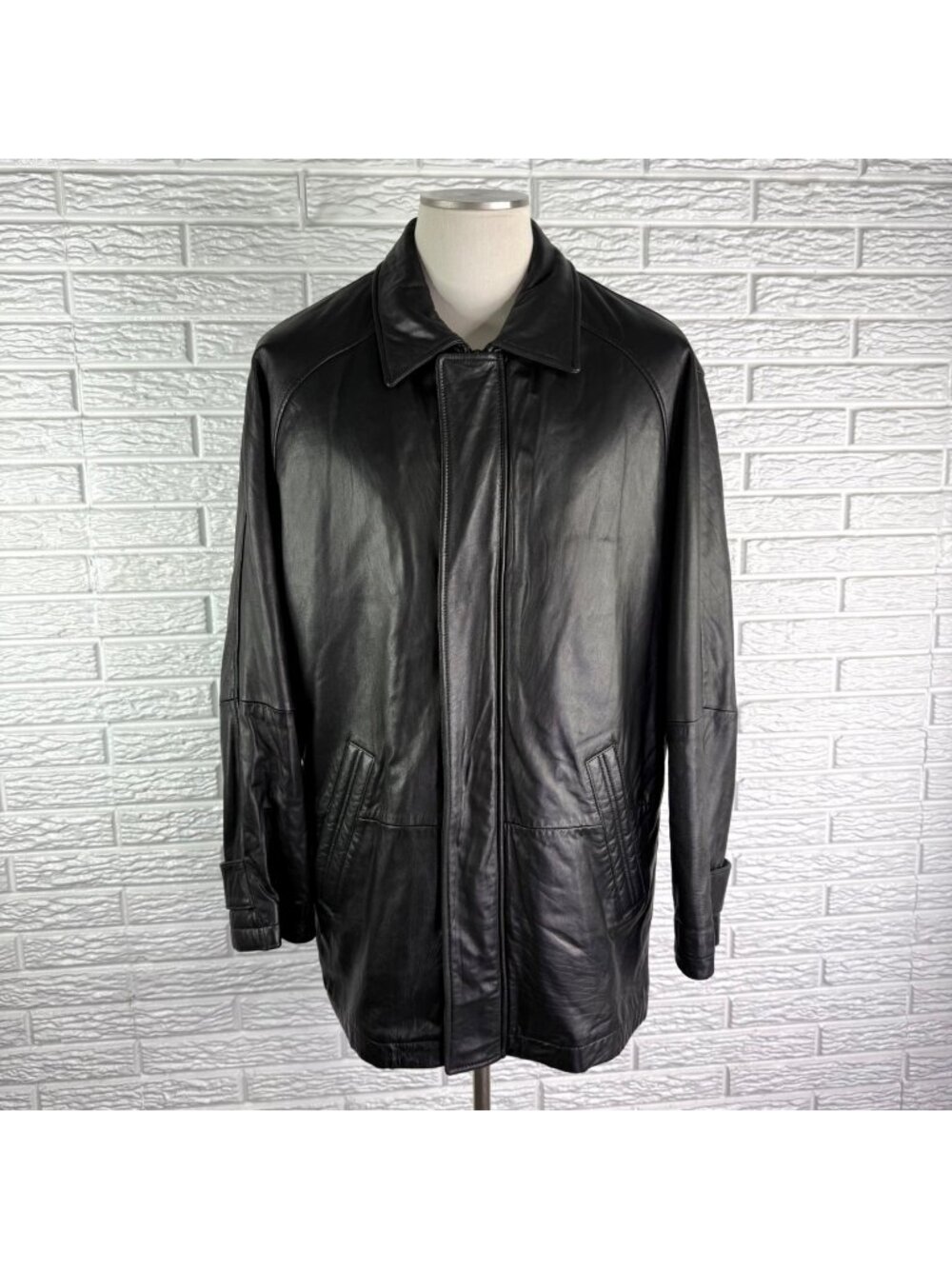 Vintage 90s Perry Ellis Portfolio Black Leather Car Coat Jacket Size Medium